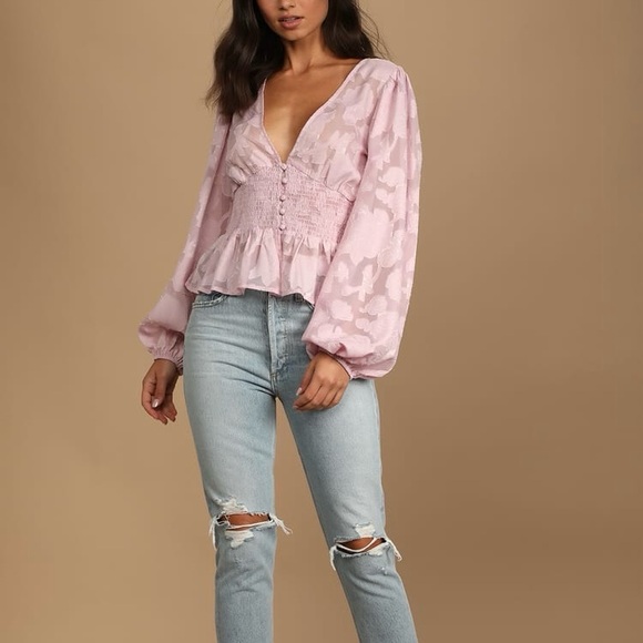 Lulu's Patio Date Floral Jacquard Button-Up Long Sleeve Top - Picture 3 of 10